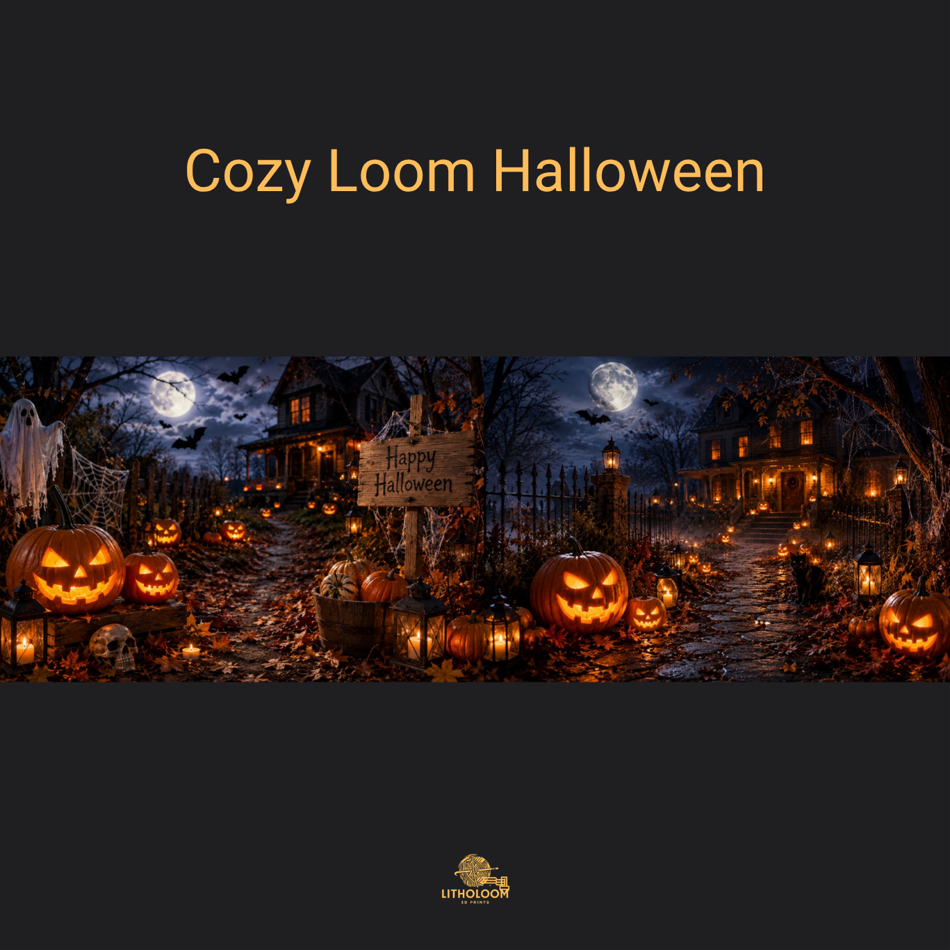Musterbild des Halloweenmotivs für die Litholoom Cozy Loom Tischlampe mit detailreichem Lithophane-Lampenschirm.