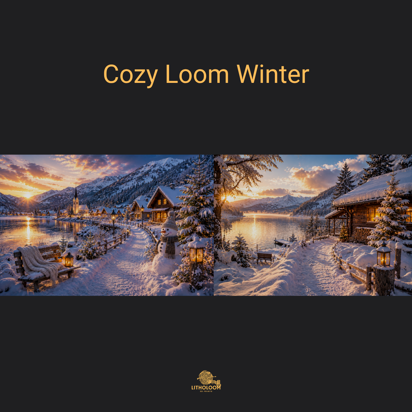 Musterbild des Wintermotivs für die Litholoom Cozy Loom Tischlampe mit verschneiter Landschaft auf dem Lithophane-Lampenschirm.