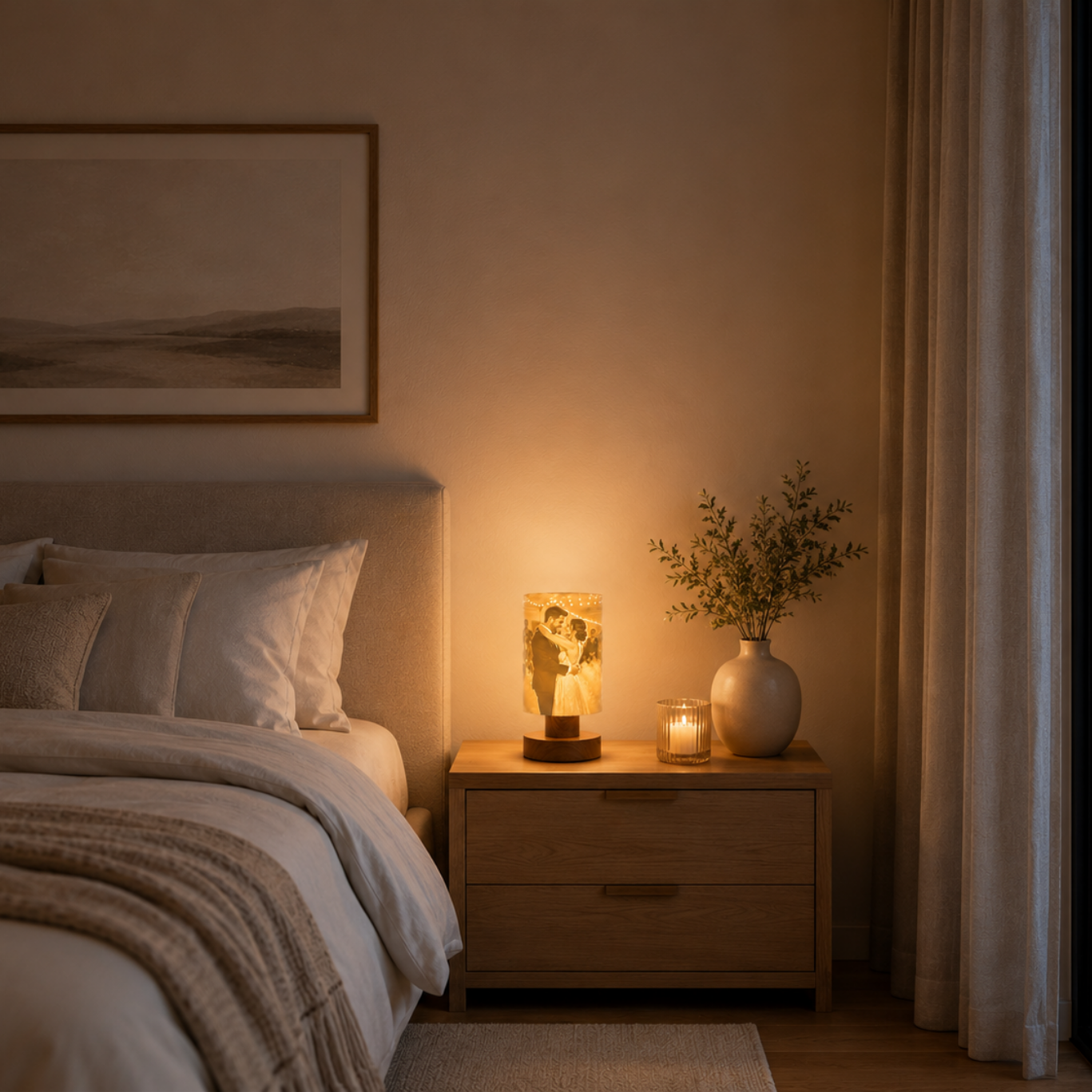 Personalisierte Tischlampe mit Foto in Holzoptik – Soft Loom Fotolampe als Geschenk