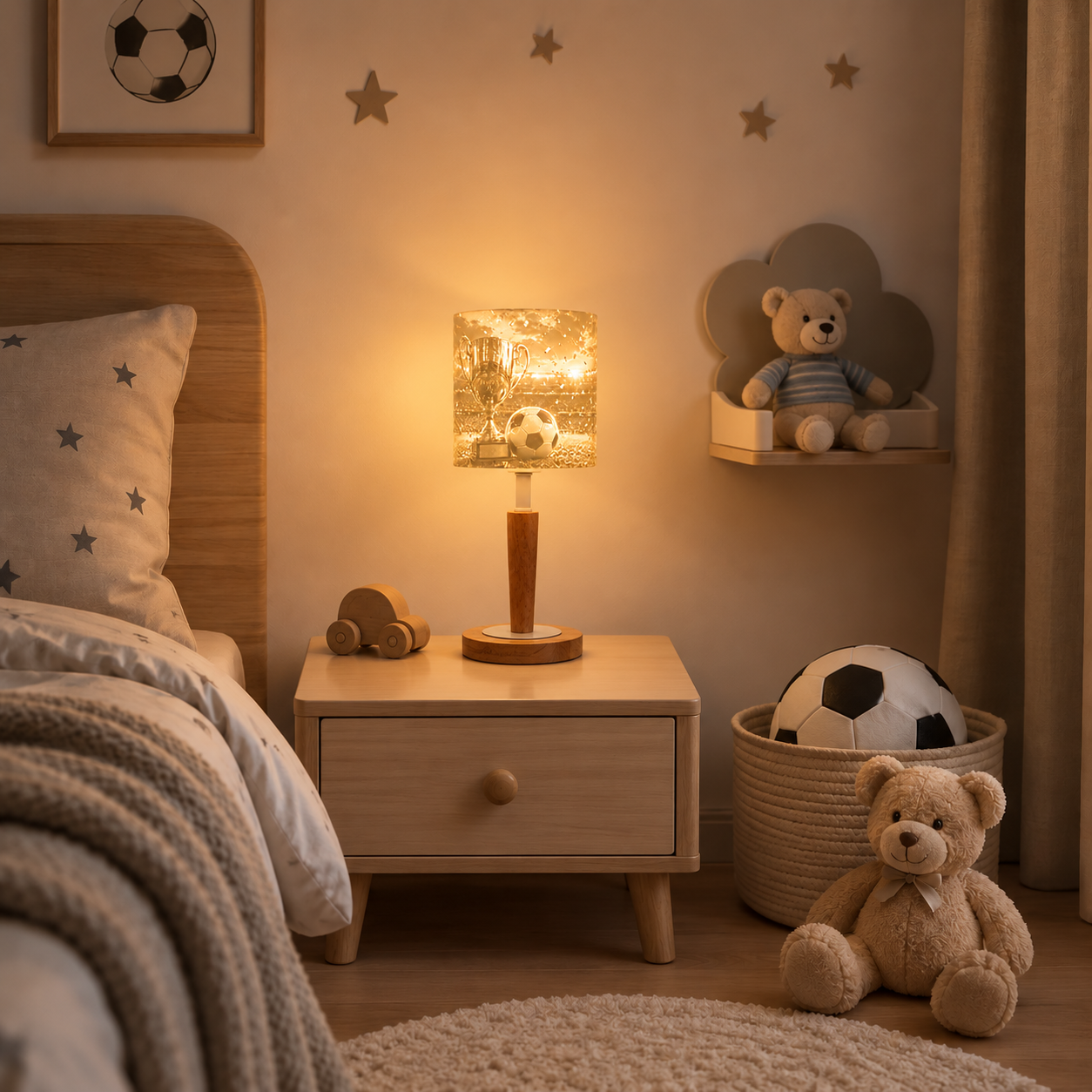 Cozy Loom Tischlampe mit Fußballschirm im Kinderzimmer aus Holz von Litholoom, Made in Germany