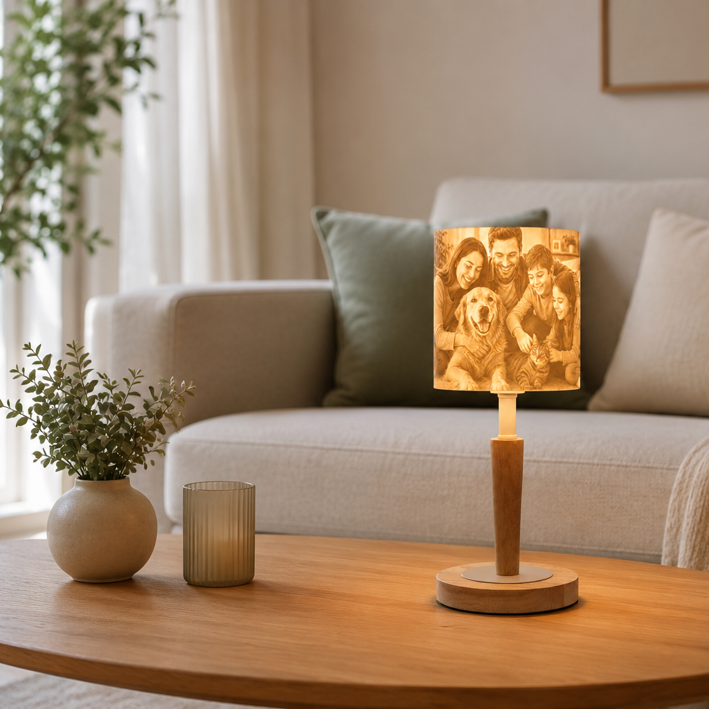 Personalisierte Tischlampe mit Foto als besonderes Geschenk –  Cozy Loom mit Holzfuß