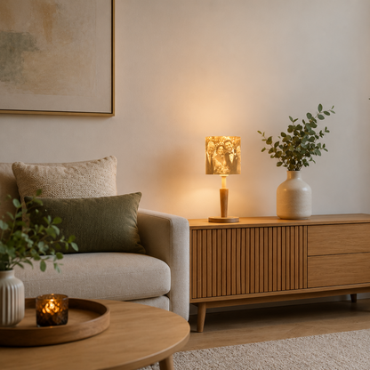 Personalisierte Tischlampe mit Foto als besonderes Geschenk –  Cozy Loom mit Holzfuß