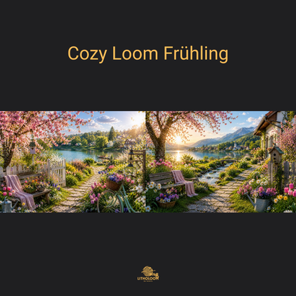 Musterbild des Frühlingsmotivs für die Litholoom Cozy Loom Tischlampe mit blühender Landschaft auf dem Lithophane-Lampenschirm.