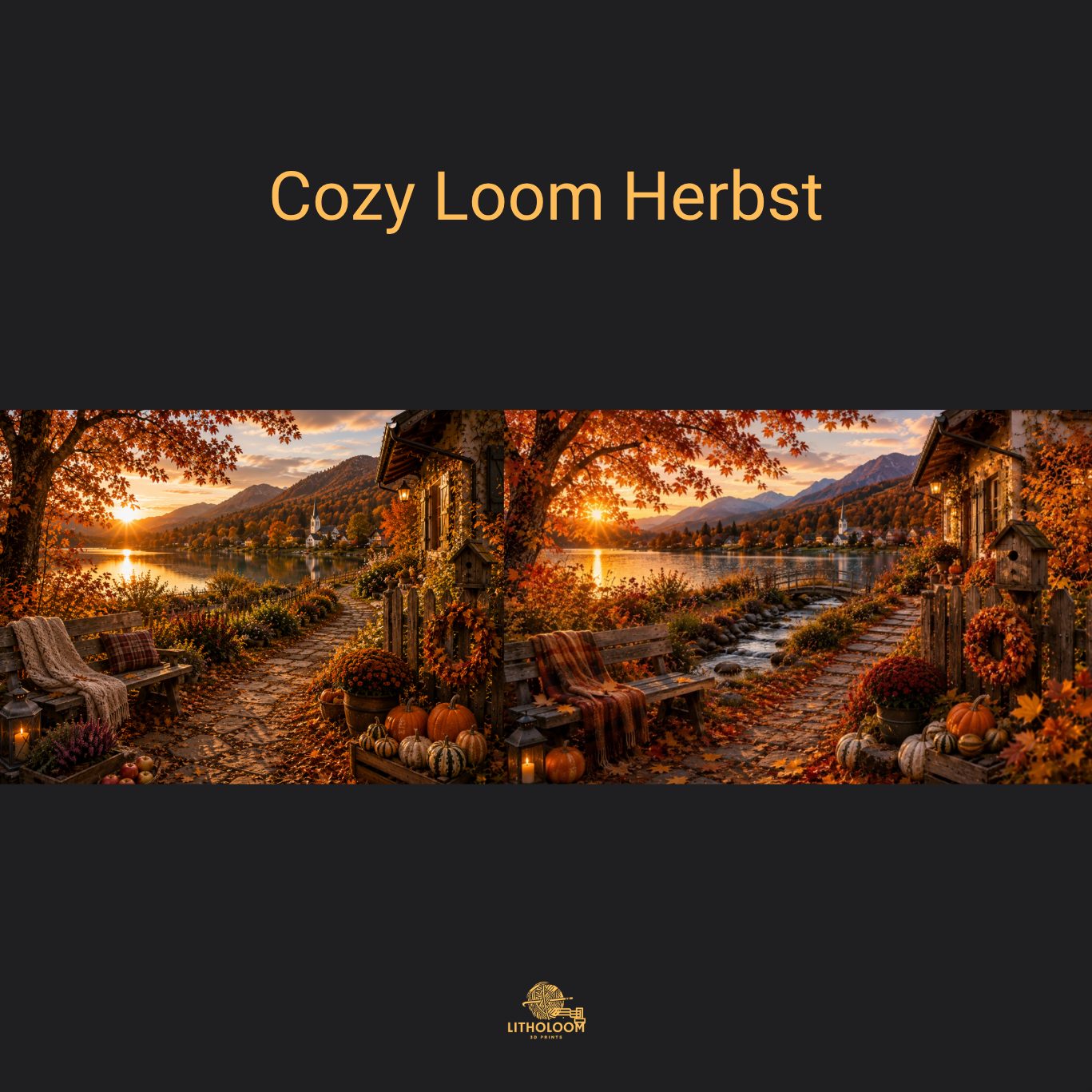 Musterbild des Herbstmotivs für die Litholoom Cozy Loom Tischlampe mit herbstlicher Landschaft auf dem Lithophane-Lampenschirm.