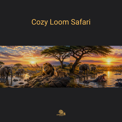 Musterbild des Safari-Motivs für die Litholoom Cozy Loom Tischlampe mit afrikanischer Tierwelt auf dem Lithophane-Lampenschirm.