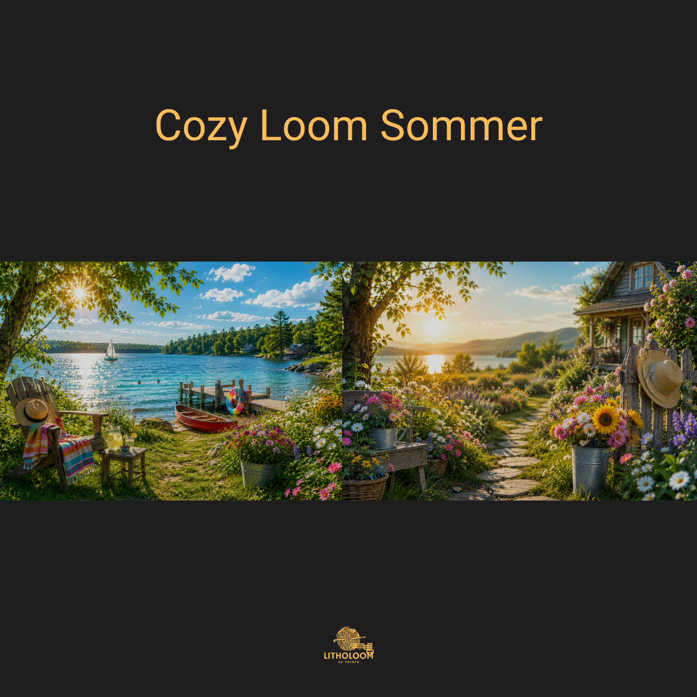 Musterbild des Sommermotivs für die Litholoom Cozy Loom Tischlampe mit sommerlicher Landschaft auf dem Lithophane-Lampenschirm.