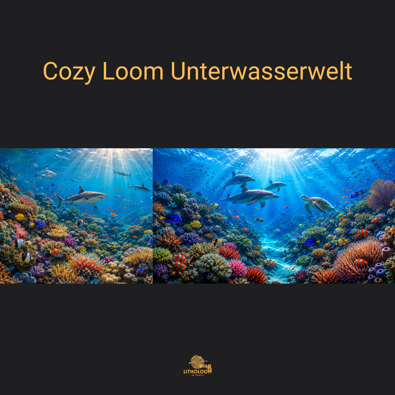 Musterbild der Unterwasserwelt für die Litholoom Cozy Loom Tischlampe mit detailreichem Meeresmotiv auf dem Lithophane-Lampenschirm.