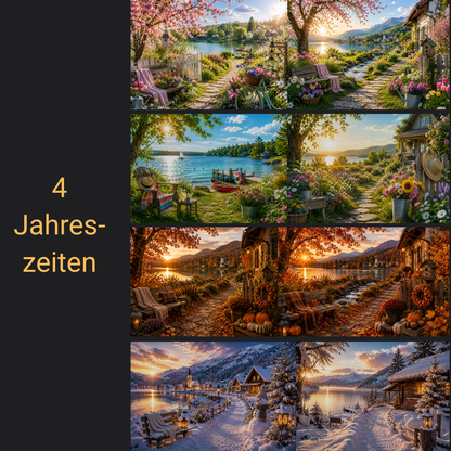 Musterbilder der vier Jahreszeiten für die Litholoom Cozy Loom Tischlampe mit Lithophane-Lampenschirm.
