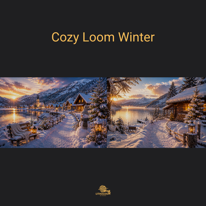Musterbild des Wintermotivs für die Litholoom Cozy Loom Tischlampe mit verschneiter Landschaft auf dem Lithophane-Lampenschirm.