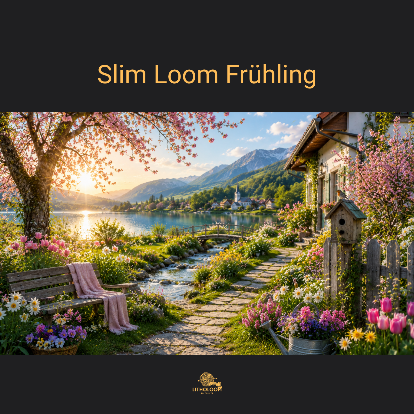 Musterbild des Frühlingsmotivs für die Litholoom Slim Loom Tischlampe mit blühender Natur auf dem Lithophane-Lampenschirm.