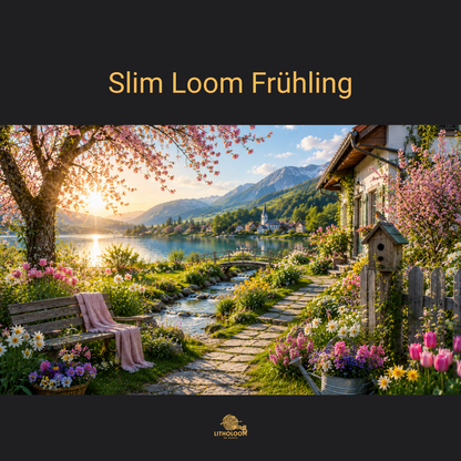Musterbild des Frühlingsmotivs für die Litholoom Slim Loom Tischlampe mit blühender Natur auf dem Lithophane-Lampenschirm.