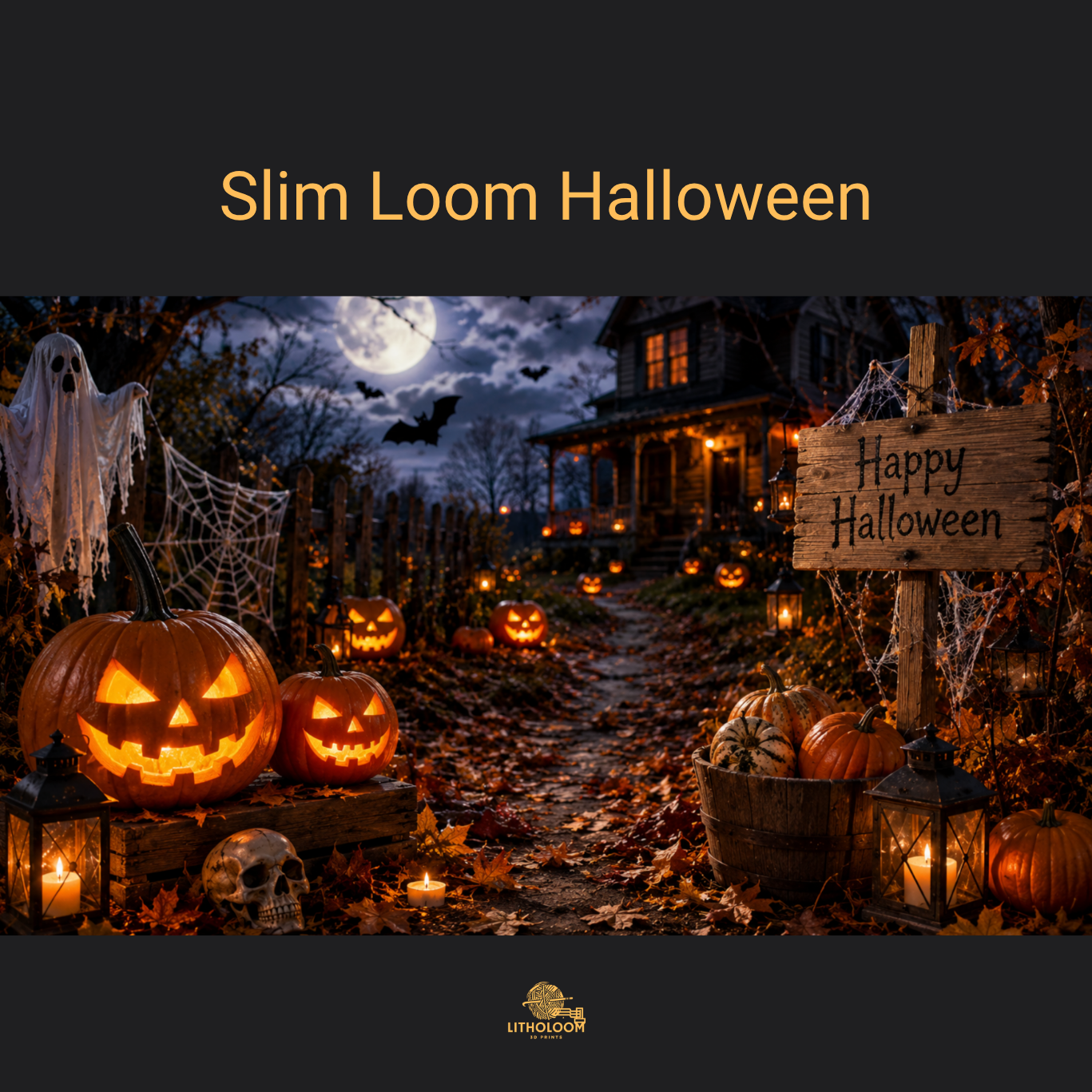 Musterbild des Halloweenmotivs für die Litholoom Slim Loom Tischlampe mit detailreicher Darstellung auf dem Lithophane-Lampenschirm.