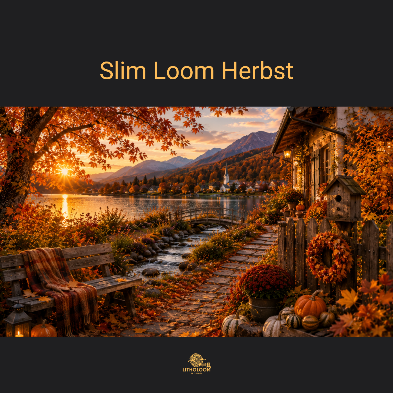 Musterbild des Herbstmotivs für die Litholoom Slim Loom Tischlampe mit herbstlicher Landschaft auf dem Lampenschirm.