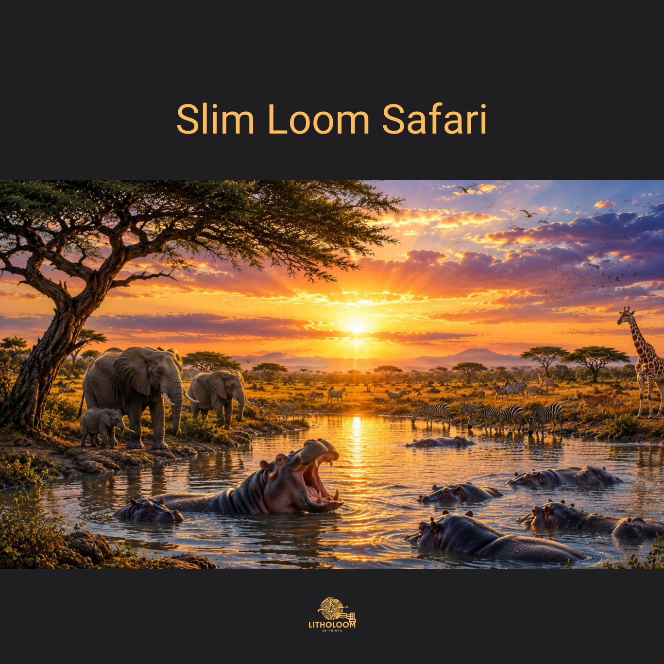 Musterbild des Safari-Motivs für die Litholoom Slim Loom Tischlampe mit afrikanischer Tierwelt auf dem Lithophane-Lampenschirm.