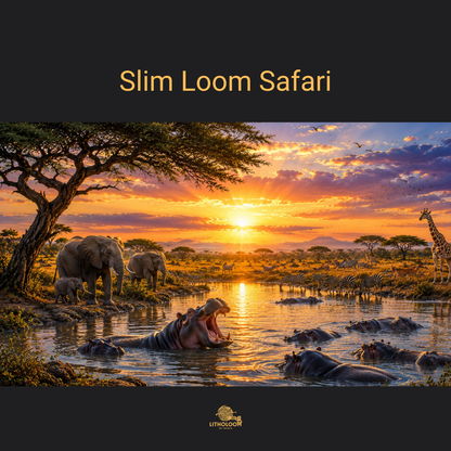 Musterbild des Safari-Motivs für die Litholoom Slim Loom Tischlampe mit afrikanischer Tierwelt auf dem Lithophane-Lampenschirm.
