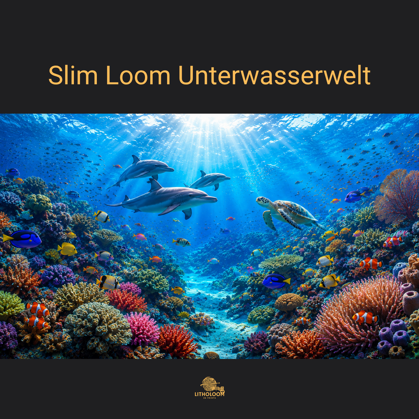 Musterbild der Unterwasserwelt für die Litholoom Slim Loom Tischlampe mit detailreichem Meeresmotiv auf dem Lampenschirm.