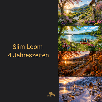 Musterbild der vier Jahreszeiten für die Litholoom Slim Loom Tischlampe mit schöner Natur auf dem Lithophane-Lampenschirm.