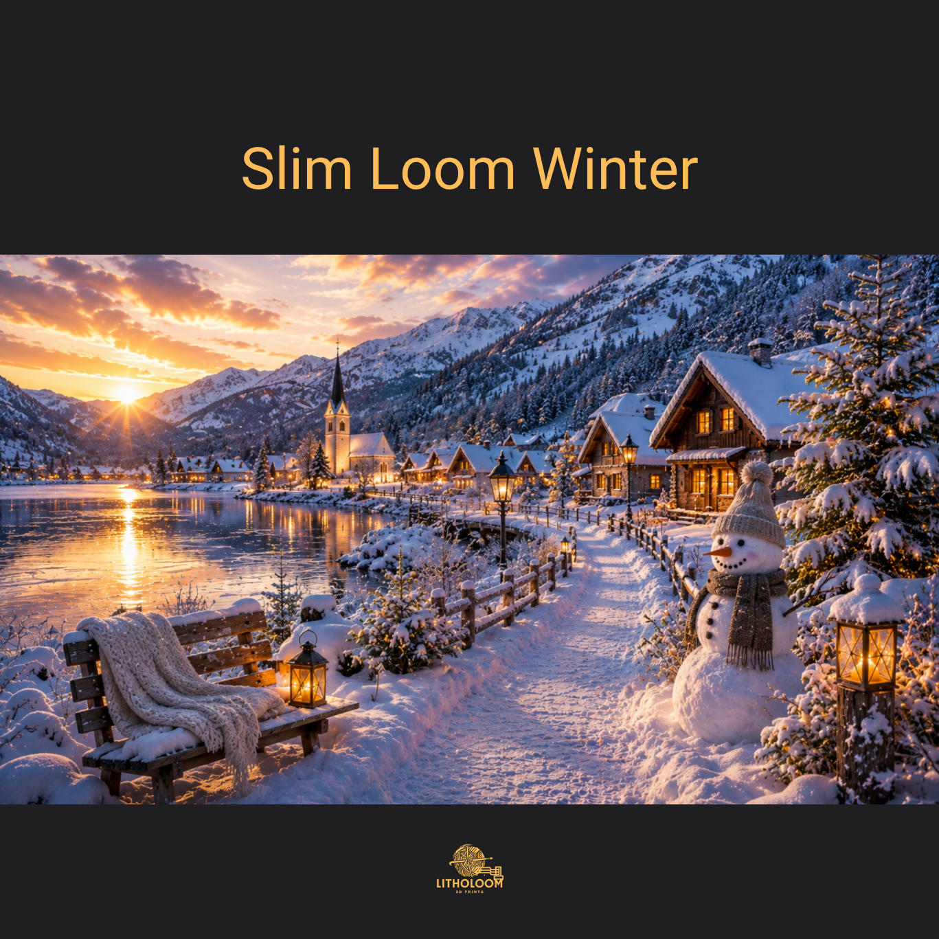 Musterbild des Wintermotivs für die Litholoom Slim Loom Tischlampe mit verschneiter Landschaft auf dem Lithophane-Lampenschirm.