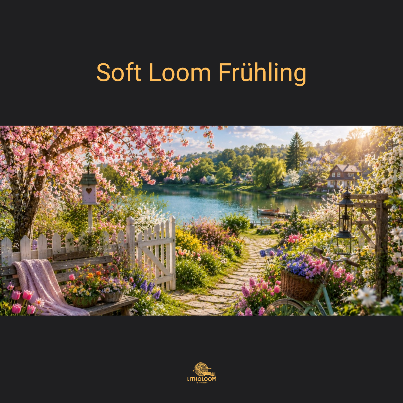 Musterbild des Frühlingsmotivs für die Litholoom Soft Loom Tischlampe mit blühender Natur auf dem Lithophane-Lampenschirm.