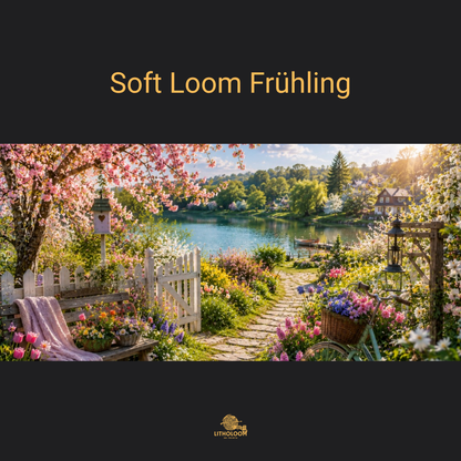 Musterbild des Frühlingsmotivs für die Litholoom Soft Loom Tischlampe mit blühender Natur auf dem Lithophane-Lampenschirm.