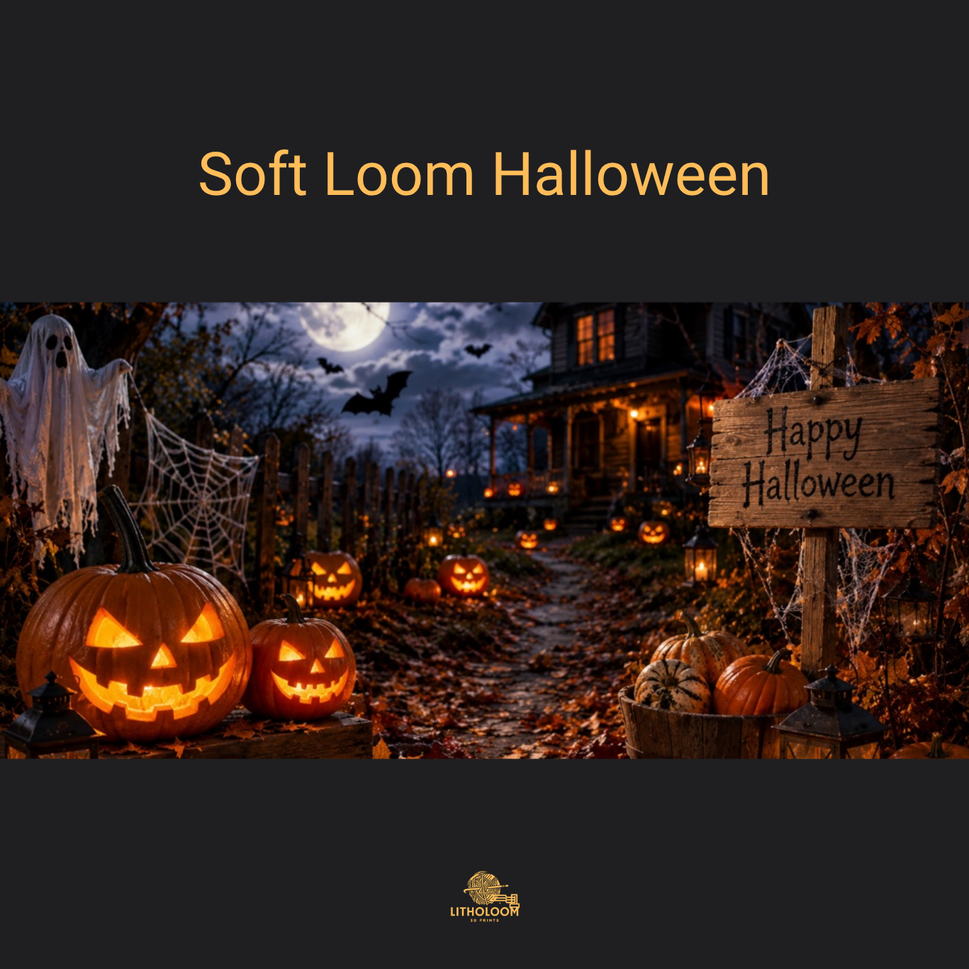 Musterbild des Halloweenmotivs für die Litholoom Soft Loom Tischlampe mit detailreicher Darstellung auf dem Lithophane-Lampenschirm.