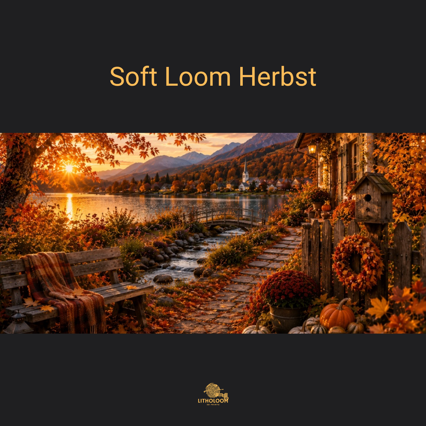Musterbild des Herbstmotivs für die Litholoom Soft Loom Tischlampe mit herbstlicher Landschaft auf dem Lampenschirm.
