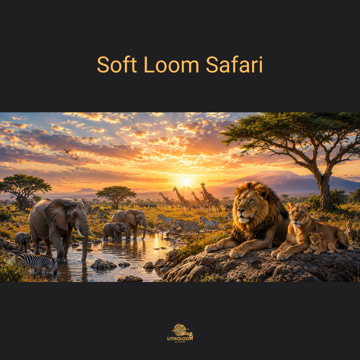 Musterbild des Safari-Motivs für die Litholoom Soft Loom Tischlampe mit afrikanischer Tierwelt auf dem Lithophane-Lampenschirm.
