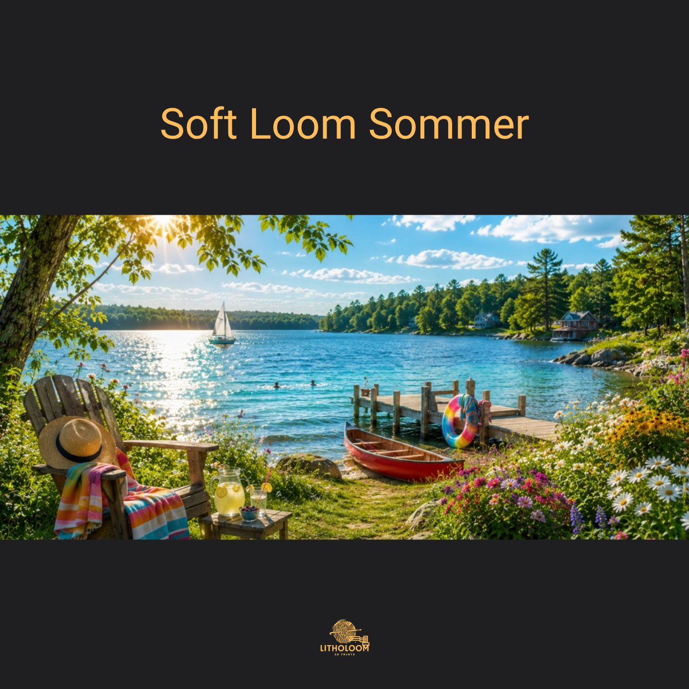 Musterbild des Sommermotivs für die Litholoom Soft Loom Tischlampe mit sommerlicher Landschaft auf dem Lithophane-Lampenschirm.