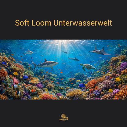 Musterbild der Unterwasserwelt für die Litholoom Soft Loom Tischlampe mit detailreichem Meeresmotiv auf dem Lampenschirm.