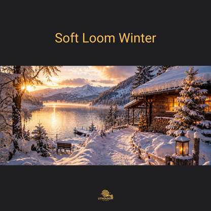 Musterbild des Wintermotivs für die Litholoom Soft Loom Tischlampe mit verschneiter Landschaft auf dem Lithophane-Lampenschirm.